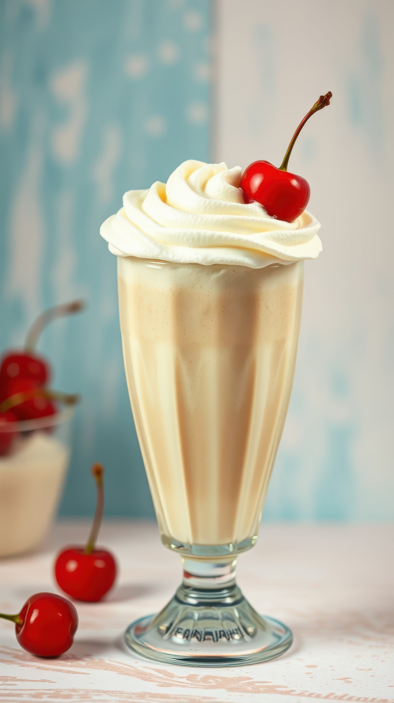 Creamy dessert topped with cherry and whipped cream in a vintage glass at a charming cafe